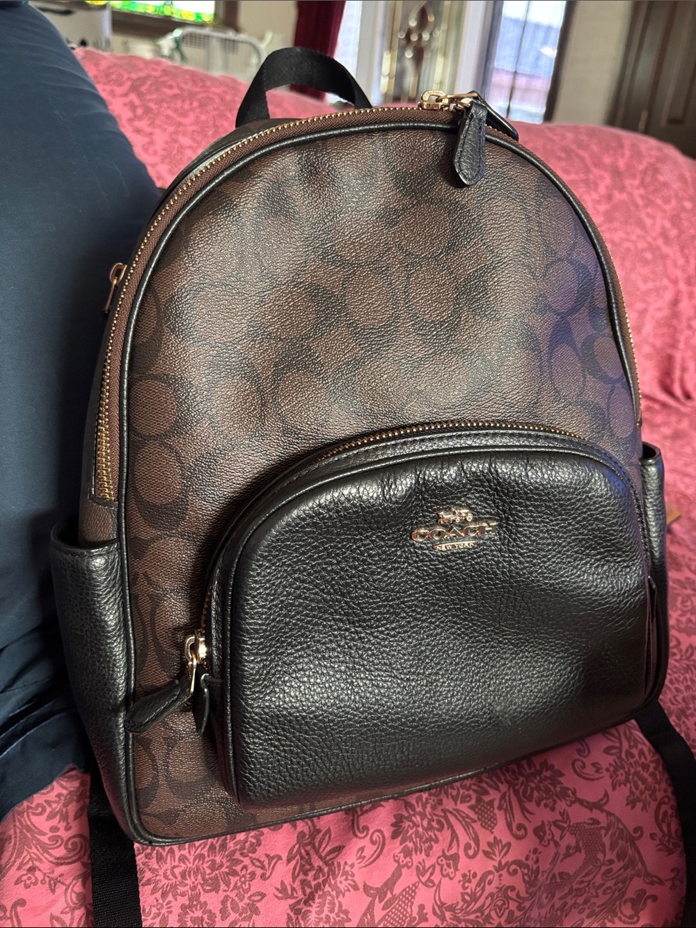 Coach court Signature canvas & pebbled Black Leather Backpack w/dusty